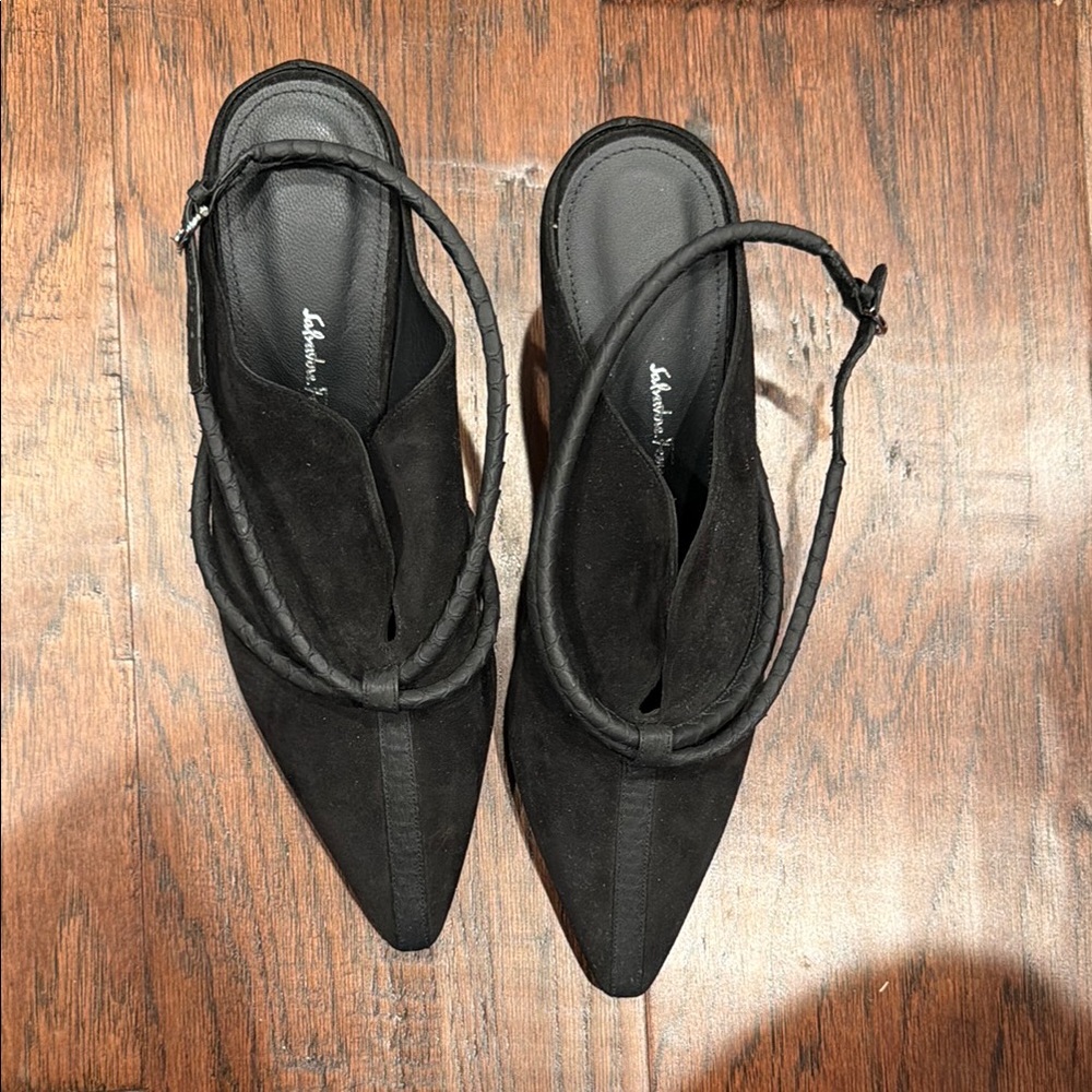 Ferragamo Black Pointed Toe Slingback Heels by